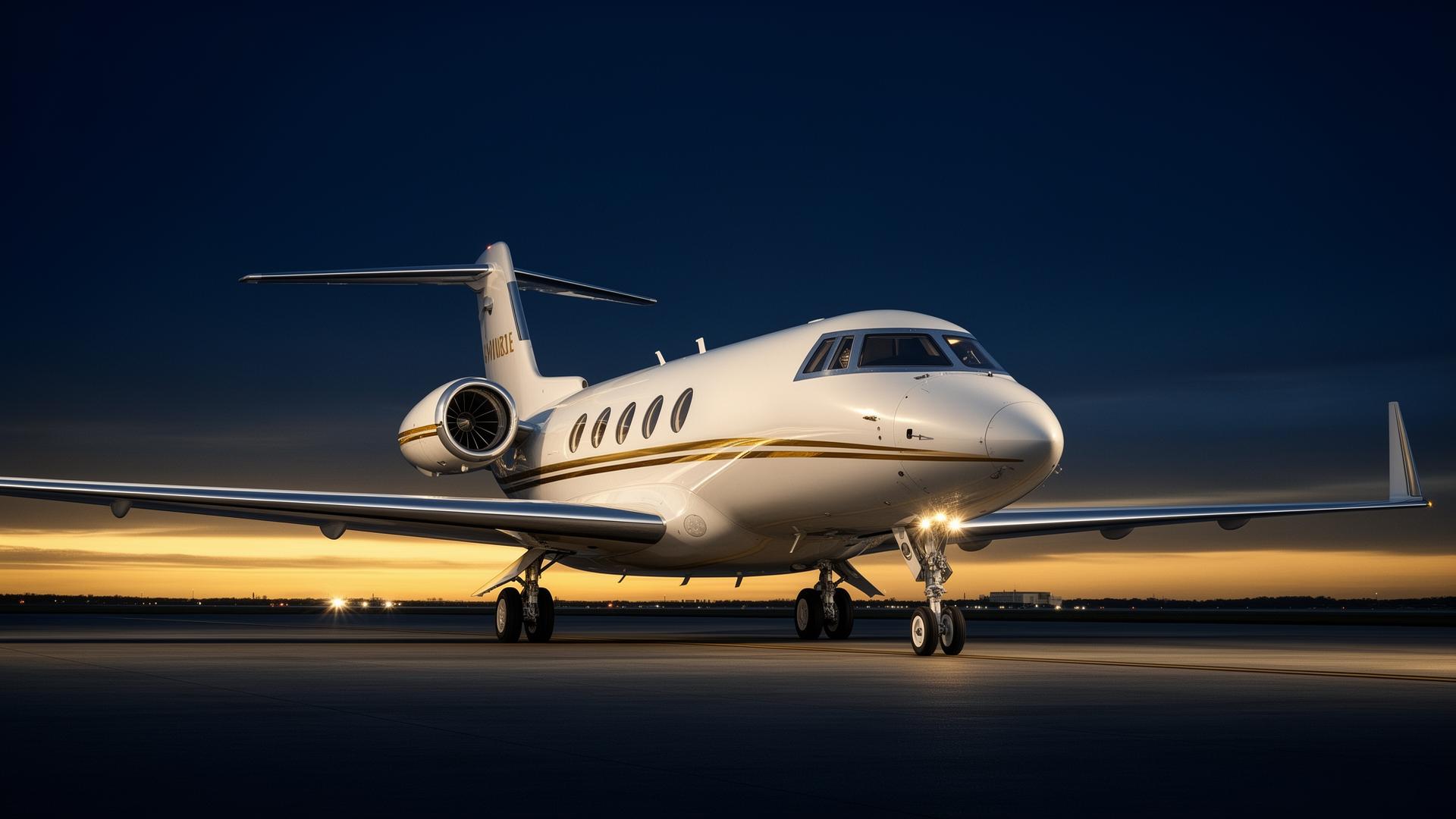 Luxury private jet on runway at twilight